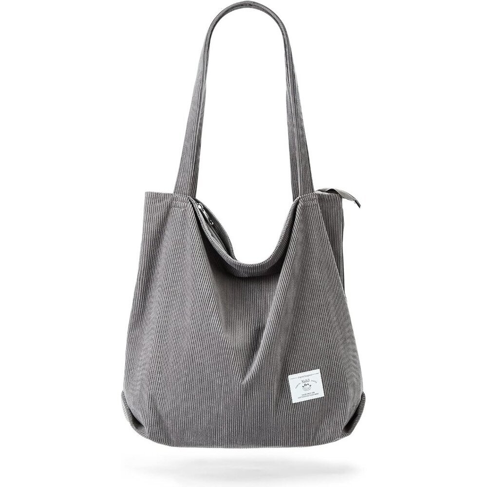 〽️Women's Gray Corduroy Lightweight Zipper Pocket Foldable Classic Tote Bag